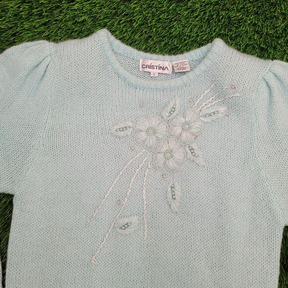 Vintage Flower Sweater Womens XS 16x25 Blue-Green - Picture 11 of 12